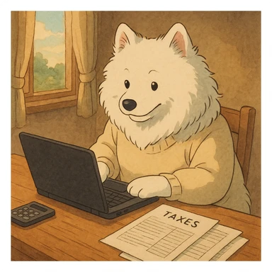 Samoyed doing taxes on a laptop sticker