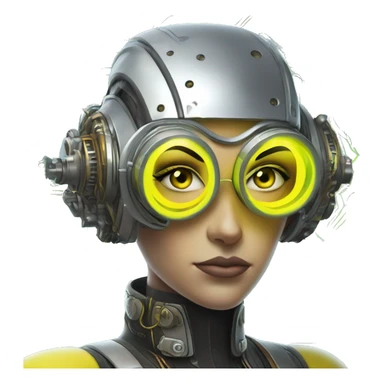 Caucasian female cyborg head with Neon yellow bobbed hair, silver steampunk goggles and circuits sticker