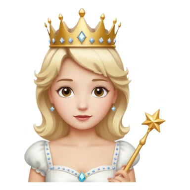 dorothy queen blonde hair, white dress with magic wand, rounded sparcle, and crown on head. sticker