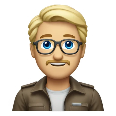 blond man, round mustache and goatee, aviator glasses for vision, long hair back, blue eyes sticker