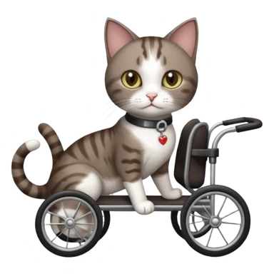 full body small short hair dark brown and white cat with hazel eyes walking in a wheelchair for cats sticker