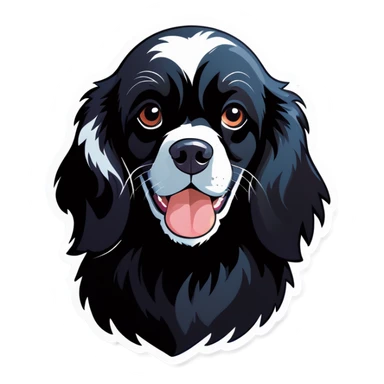 A completely black spaniel with a white marking on its chest. sticker