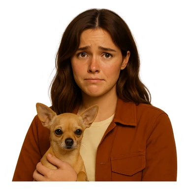 Centered portrait for Instagram profile picture inspired by the facial features visible in the reference images. Tanned complexion with subtle freckles, wearing a shirt colored #FFF8CA and a rust-colored jacket. Medium-length brown hair with auburn highlights. Expression is embarrassed and shy. Holding a beige-brown chihuahua. Style inspired by a Netflix series, intimate Tenerife ambiance, transparent background. sticker