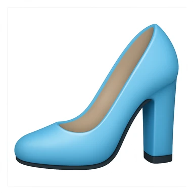 Edit the image to depict a light blue pump shoe with a slightly flatter and very thick heel in the style of Apple emojis. The background should be transparent. sticker
