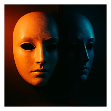 a mask and its mirror image, creative lighting and composition, artistic, visually appealing sticker