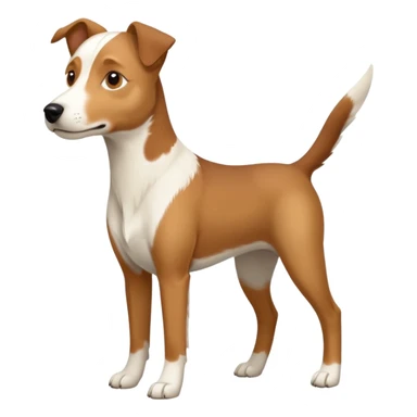 a full body large white parson russell looking dog the size of a kelpie with light brown flapped down ears and a light brown patch on one eye and a large snout sticker