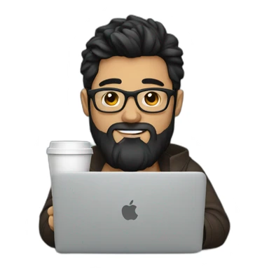 Designer with black hair, beard and glasses working with MacBook and drinking cappuccino  sticker