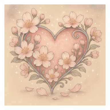 Add more silver sparkles and accents to the heart with sakura in ghibli style. sticker
