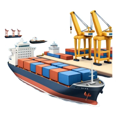 A 3D cartoon cargo or passenger seaport terminal with cranes and ships docked, calm lighting, Memoji-style realism. sticker