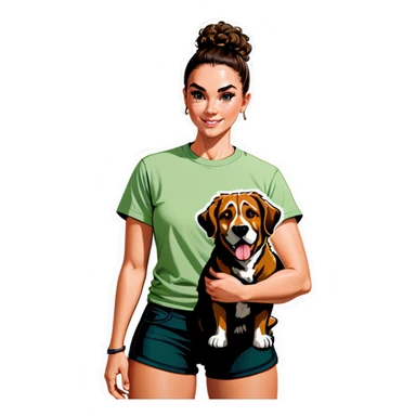 Girl with a burnette curly bun, strong build and a sage green T-shirt with a big dog sticker