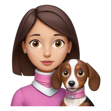 a brunette girl, olive skin, hazel eyes, pink top, neck brace on her neck because she’s injured , piebald dachshund next to her only brown and white sticker