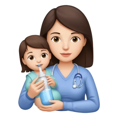 Brunette Mother holding a baby bottle with milk and a vaccine syringe sticker