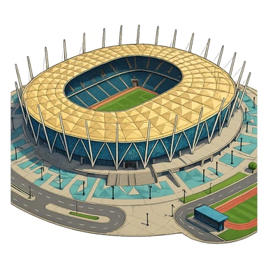Изометричная, яркая, детализированная и фотореалистичная иллюстрация стадиона New Administrative Capital Stadium Egypt в стиле 3D-коллажей городов, насыщенные цвета, аккуратные и чёткие линии, мультяшно-реалистичная стилистика. Крыша у стадиона слегка изогнутая. Чёткие контуры, не размазанные линии, прозрачный фон, высокое качество. sticker