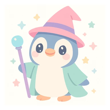 cute and whimsical penguin dressed as a wizard, wearing a pointed hat and holding a magic staff sticker