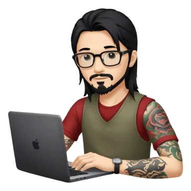 a young man with long black hair, with goatee, wearing glasses sitting with a laptop, tattoo inyout arms sticker