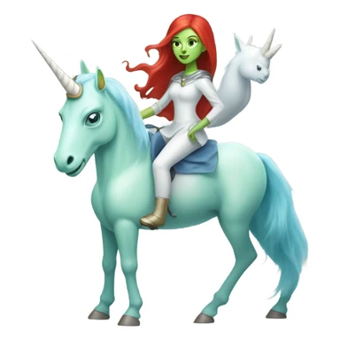 [
	{ woman: alien, color: light green, Amazon, hair:red, eyes:blue] } 
	on a 
	[{ unicorn: white, legged:six, mane: light blue }] sticker
