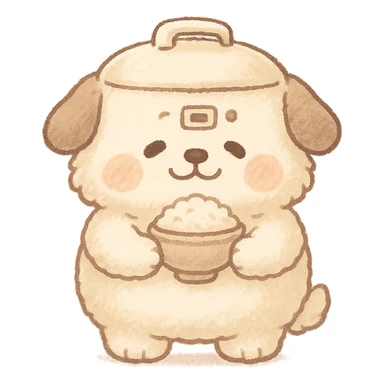 soft fluffy rice cooker dog in chibi style, round belly, holding a rice bowl, soft cream and brown palette, full-body sticker