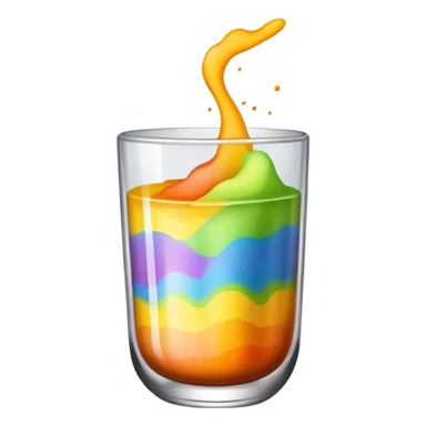 A glas with rainbow powder in it with the colours yellow black brown orange sticker