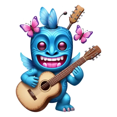 Pixar style little Cartoon Blue and pink tiki singing with a butterfly and playing a guitar, ultra detailed and lifelike imagery sticker
