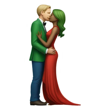 Beatiful tall green skin female reptilian in red dress, kissing white man in blue dress, full figure, full body sticker