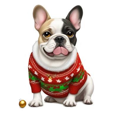 tan female french bulldog in christmas sweater with jingle bells sticker