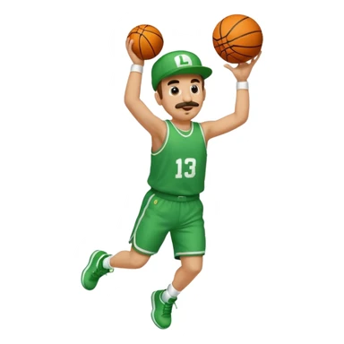 Luigi from Smash Bros dunking a basketball, emoji style sticker