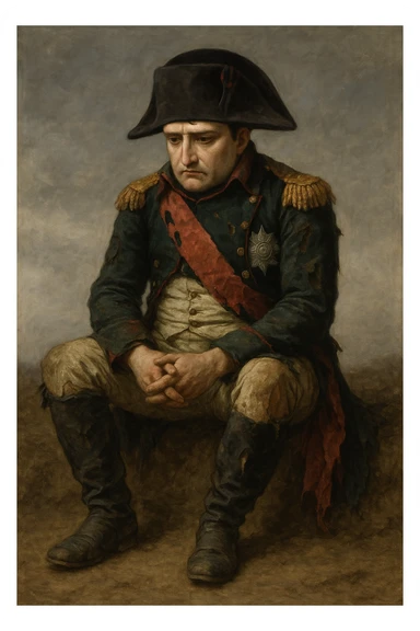 Сгенерируй мне этого наполеона, он в чуть-чуть рваной одежде, сидит и грустит. Он полностью помещается в кадр и не обрезается краями изображения. Сидит он на земле sticker