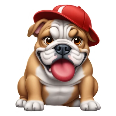 English bulldog with blue eyes tearing up a red baseball hat sticker