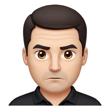 Middle-aged man with strong square face, pronounced jawline, full cheeks, manic energy with intense stare, dark brown eyes, thick raised eyebrows, wide proportional nose, mouth slightly open in disbelief, short dark hair neatly styled, wearing a black polo shirt sticker