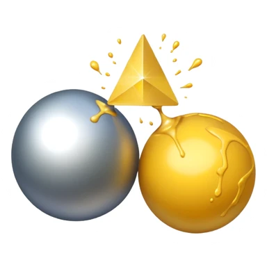 two balls touching each other with a thin triangle coming out from the top, and a yellow splash coming from the triangle sticker