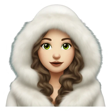 Beautiful Slavic green eyes girl with brown wavy long hair in a white fur hat and white Mink fur coat sticker