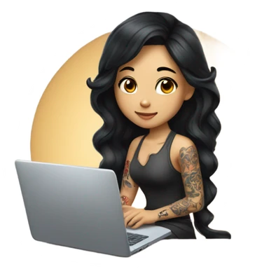 beautiful girl, with arm tattoos, with long black hair, wavy hair, chinese, with laptop sticker