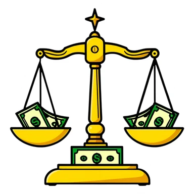 A decorative gold balance scale with green money and dollar signs on one side and three colorful stars on the other side sticker