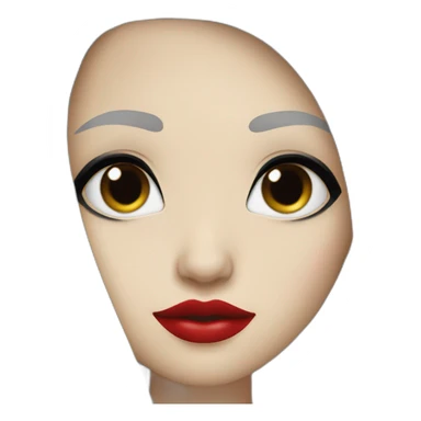 long straight black hair, red lipstick, black eyes, white skin and a small nose sticker