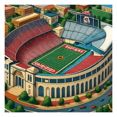 Изометричная, яркая, детализированная и фотореалистичная иллюстрация стадиона Ohio Stadium в стиле 3D-коллажей городов, насыщенные цвета, аккуратные линии, мультяшно-реалистичная стилистика. Чёткие контуры, прозрачный фон, высокое качество. sticker