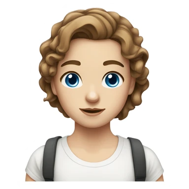 white girl, shoulder length wavy brown hair, blue eyes, white t shirt sticker