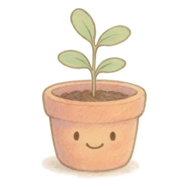 tiny pastel plant pot, Japanese soft hand-drawn, full object, with a gentle smile sticker