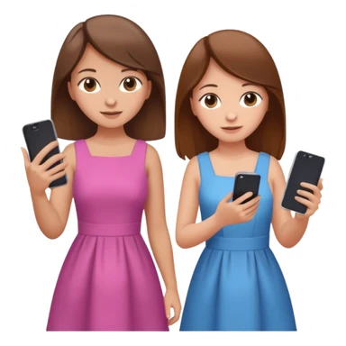 two brown haired girls, looking professional maybe leaned on each others back and looking forward and using phones, with longer hair and with some cute clothes without ties maybe dresses, one girl can hold lap top another one can hold the phone sticker