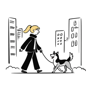 Blonde woman walking a happy Siberian husky in New York City on an upper east side city sidewalk  sticker