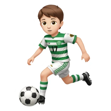 Celtic footballer jersey logo  6 years old brown hair white boy , brown eyes , stripes uniform , RUNNING  with soccer ball is number  17 celtic football logo  ONE CELTIC LOGO ONLY white shorts sticker