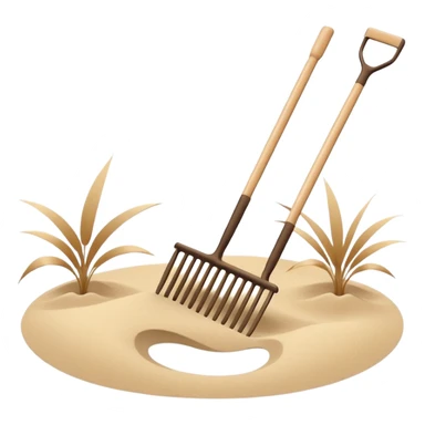 Minimalist emoji of a Japanese zen garden rake with four teeth, elegant thin lines, light wood tone, sand-beige palette, flat vector style, calm and balanced aesthetic, zen-inspired, transparent background, premium minimal design sticker