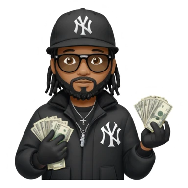 African American man with shoulder length black dreadlocks with black beard wearing black sunglasses wearing a black New York Yankees logo baseball Cap wearing a black bubble winter coat spreading money across his arm sticker