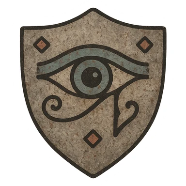 Make the shield with the Eye of Ibad look more ancient, with weathered metal, faded paint, and worn details, keeping the background transparent. sticker