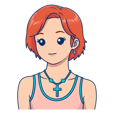 Auburn ginger haired girl with eyelashes wearing a cross necklace and a light coral pink tank top sticker
