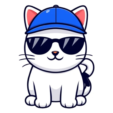A cat wearing sunglasses and a cap sticker