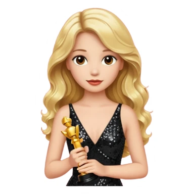 blonde model, brown eyes, long wavy hair, oscars red carpet, black sequin, holding oscar sticker
