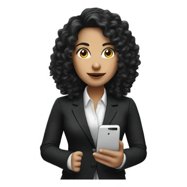 corporate white woman, long black curly hair, with a phone, black blazer  sticker