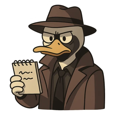 duck detective with classic noir look shadowy lighting serious expression holding a notepad sticker