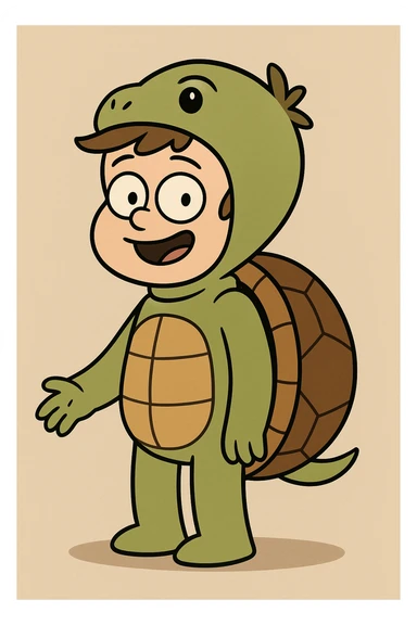 A boy brown hair A turtle costume sticker