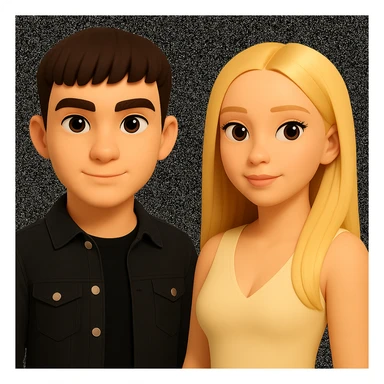 Slightly increase the volume of the upper body of the girl, significantly spread them apart from each other, make the skin color the same for both characters, while preserving the cartoonish 3D style as seen in the reference image. sticker